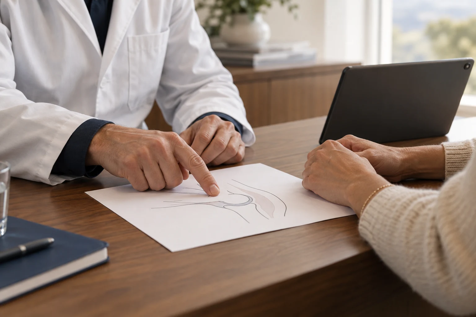 Illustrative Beratungsszene: Eine ärztliche Fachperson erklärt einem Patienten eine Zeichnung am Praxistisch.